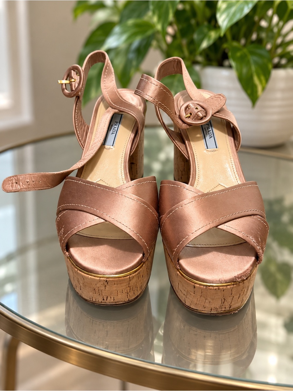 Prada Metallic Rose Platform Cork Sandals